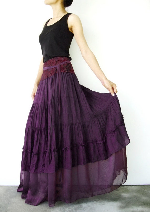 NO.36 Purple Cotton Tiered Peasant Skirt by JoozieCotton