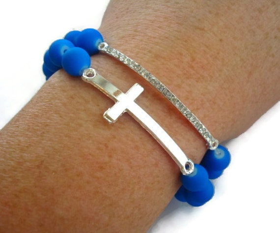 Items similar to Cross Bracelet, Sideways Cross Beaded Bracelet, Rubber ...