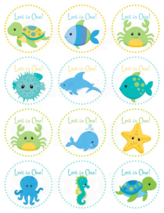 Blue Under the Sea Birthday- Personalized Printable Cupcake Toppers /Gift Favor Tags Il_570xn