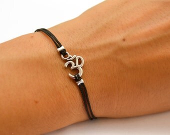 OM bracelet, women bracelet with Tibetan silver Om charm, Hindu symbol, black cord, gift for her, yoga bracelet, lucky charm, chakra jewelry