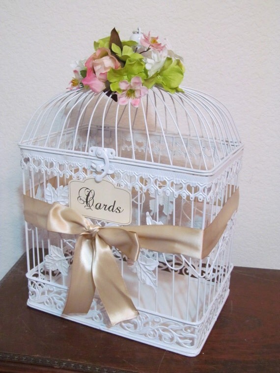 Items similar to Shabby White Bird Cage Wedding Card Holder with Mixed ...