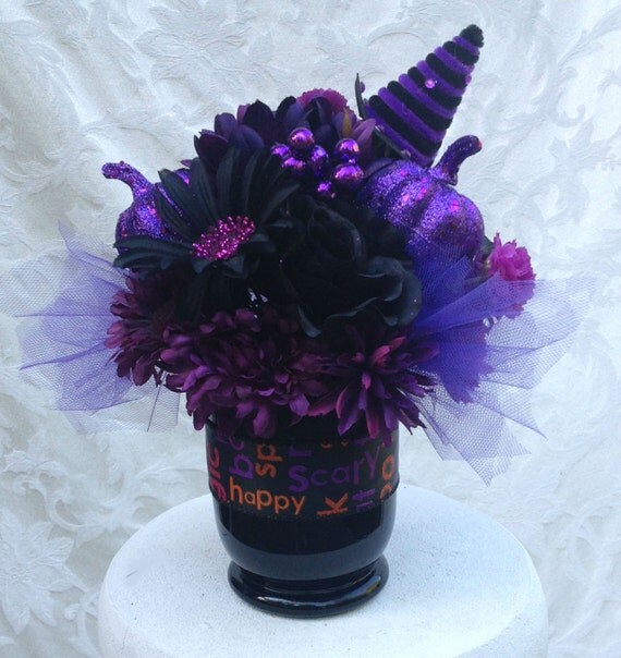 Silk Floral Halloween Arrangement in Black Glass Vase