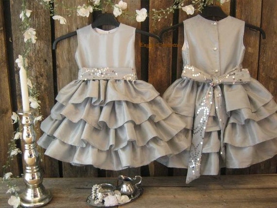 Silver flower girl dress. Grey girls ruffle dress. Winter wedding flower girl dress. Toddler special occasion. Girls taffeta party dress