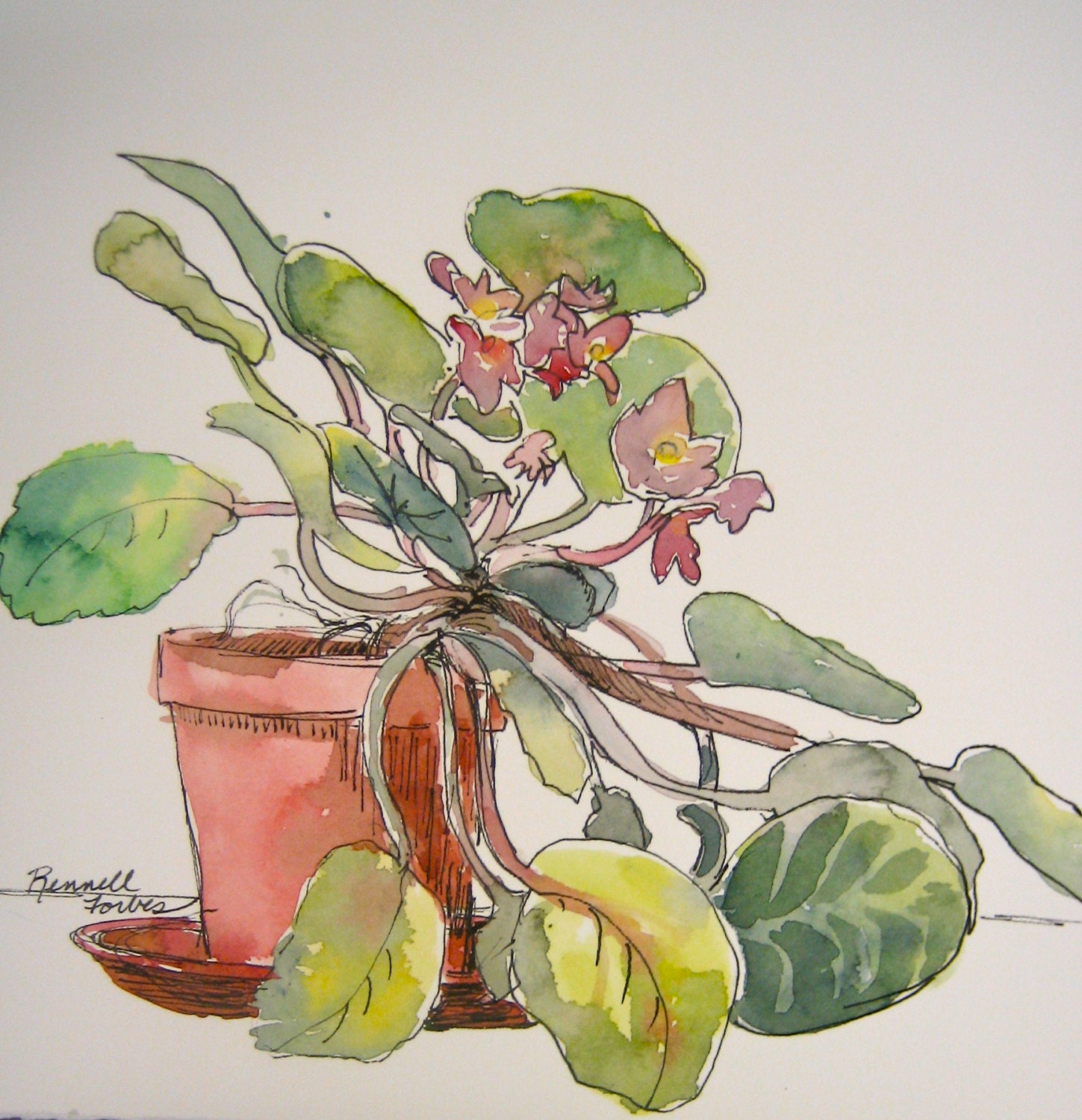 African Violets original watercolor floral still life violets