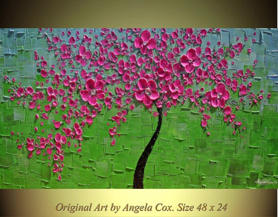 Original Modern Pink Blossom Tree Impasto by AngelaCoxArt