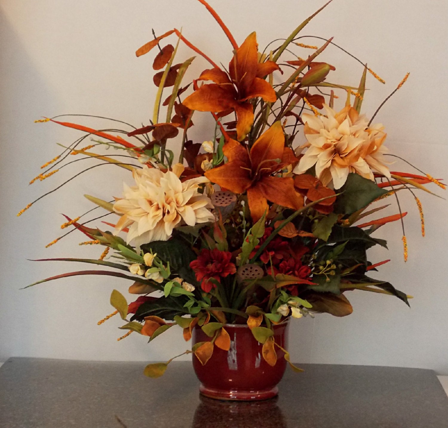 Fall Silk Floral Arrangement with Copper Day Lillies Sofa