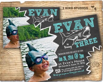 Shark invitation - Shark attack birthday invite - Shark birthday invitation - Chalkboard shark printable invitation - Photo invite