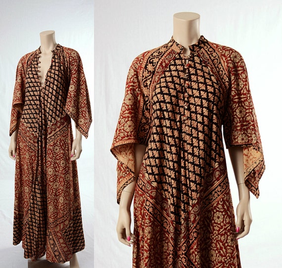 Vintage 70s India Floral Cotton Caftan Dress 1970s Indian