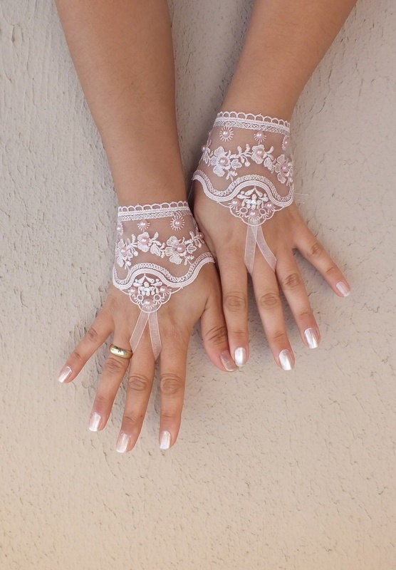 Pink lace gloves Light beige ivory pink black bridal by ByVIVIENN