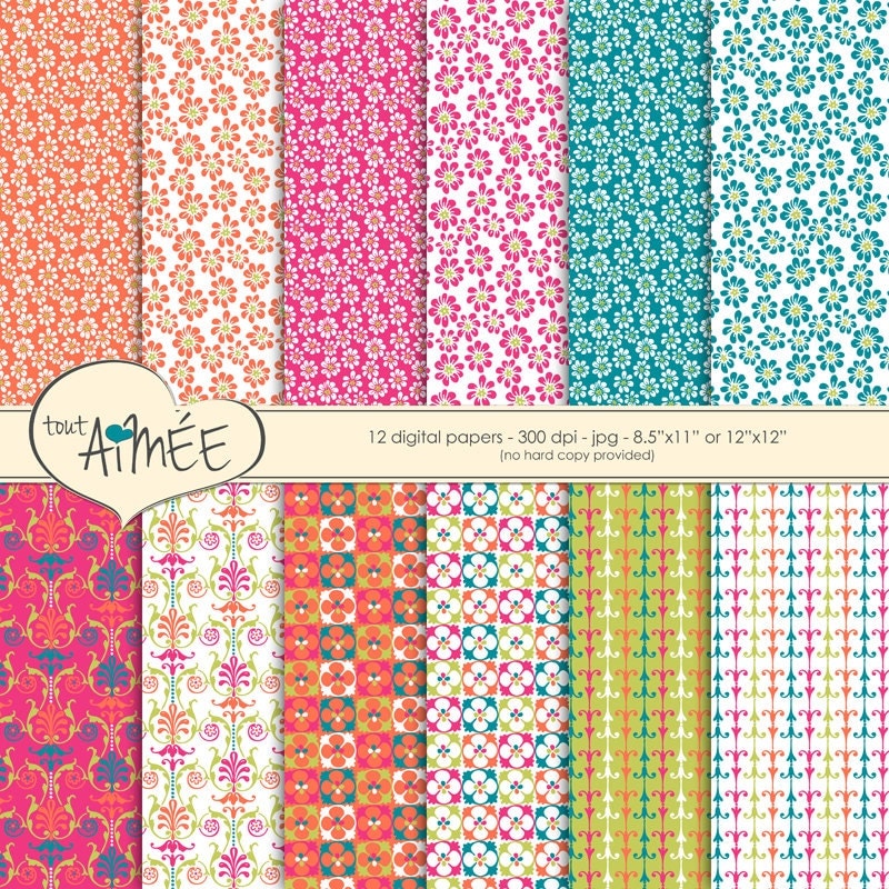 Printable Scrapbook Paper 12 Digital Pattern Sheets Flowers