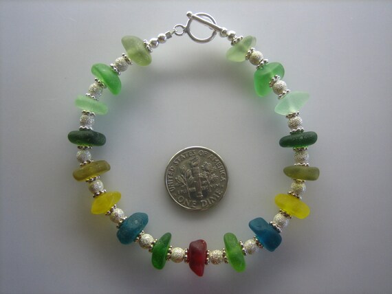 GENUINE SEA GLASS Bracelet Sterling Silver Red Yellow Blue