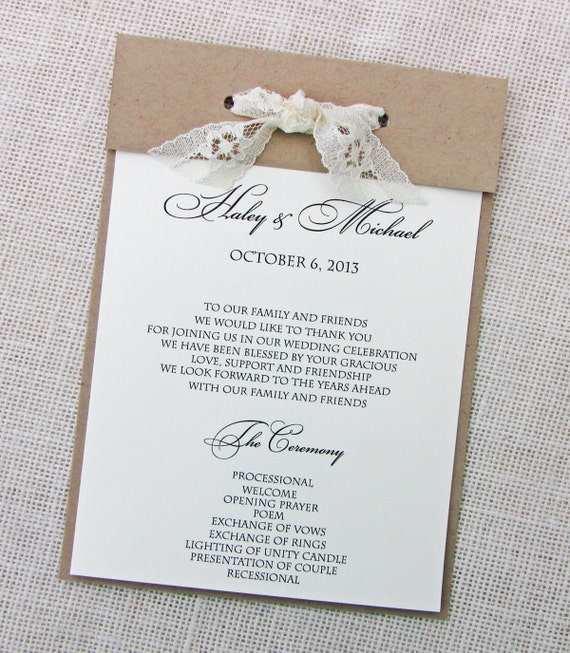 Items similar to Wedding Program, Lace, Twine and Kraft on Etsy