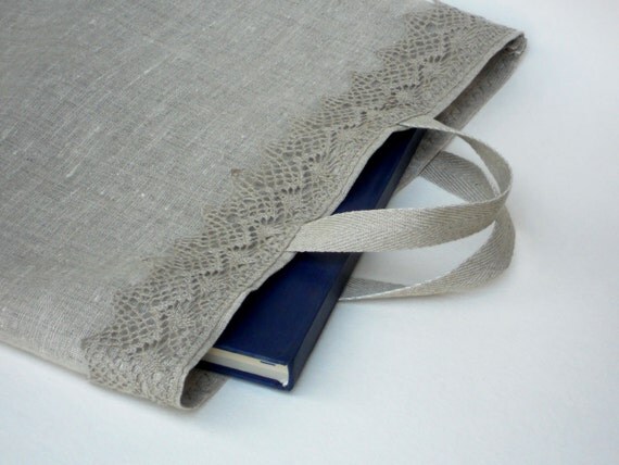 Gray linen tote bags with linen lace, custom made wedding favor bags ...