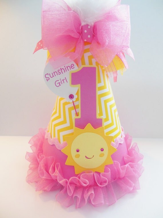 Pretty in Candy Pink Sunshine Girl - Candy Pink and Yellow Chevron - You Are My Sunshine Birthday Party Hat - Personalized Il_570xn