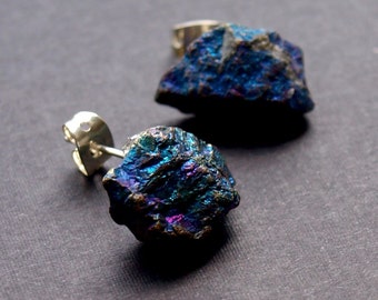 Raw Peacock Ore Chunk Earrings, Geo Earrings, Rock Stud Earrings