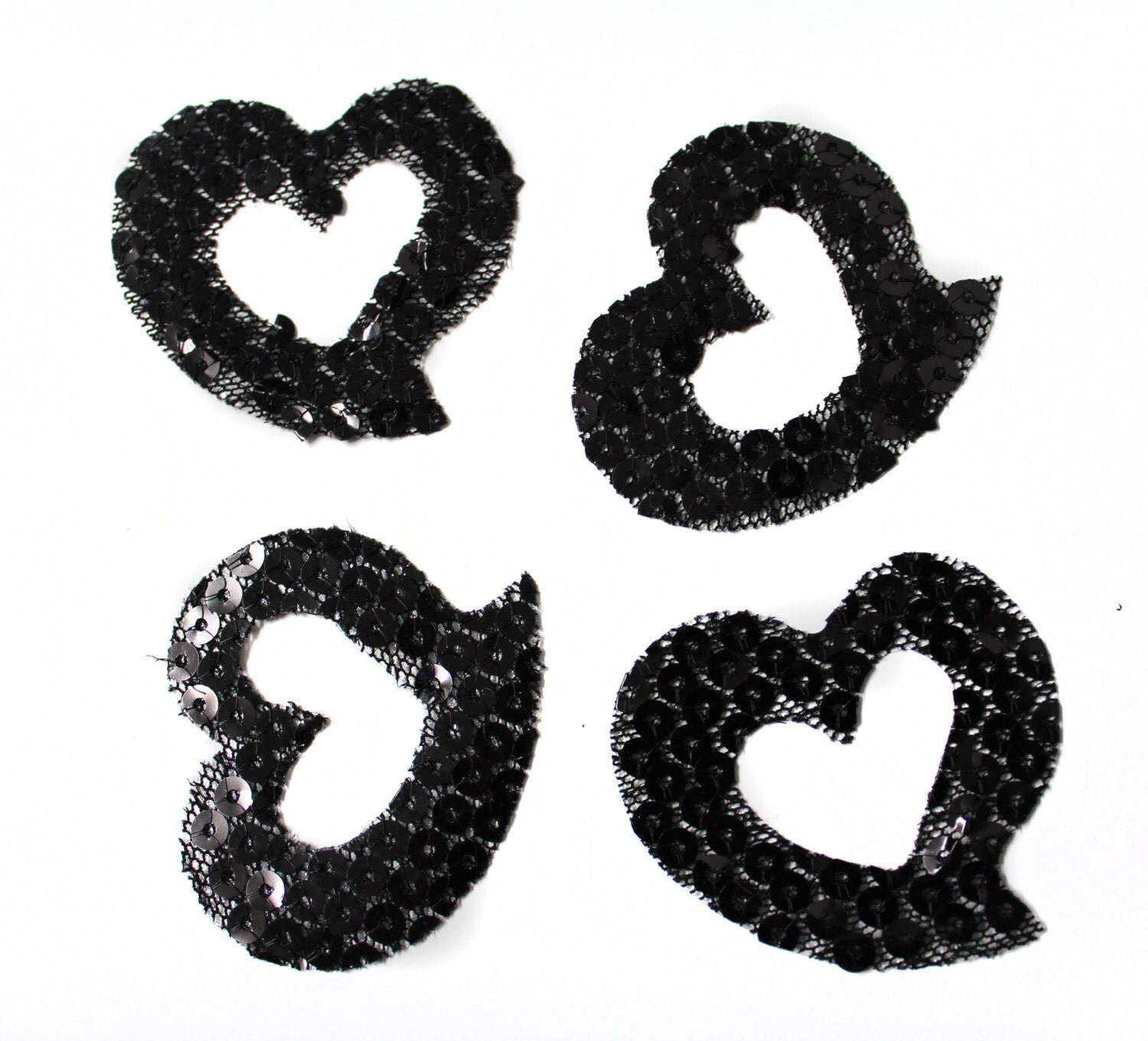 3 Black Heart Patch Appliques with Sequins Sew On Appliques