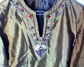 Handmade tribal asian style silky green top