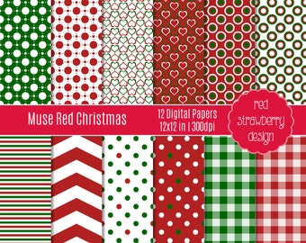 75% OFF Sale - Muse Red Christmas - 12 Digital Papers - Instant Download - JPG 12x12 (DP173)