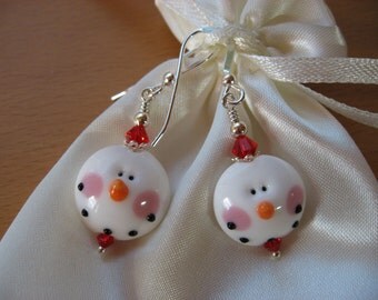 Snowman Earrings, Christmas Earrings, Snowman Lampwork Earrings, Snowman Glass Earrings, Winter Earrings, Handmade Lampwork Beads