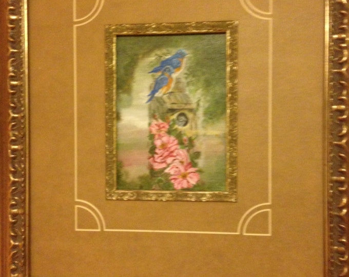 Bluebirds Nesting - 6 x 8 acrylic canvas, 16 x 20 Gold Frame, Brown matte