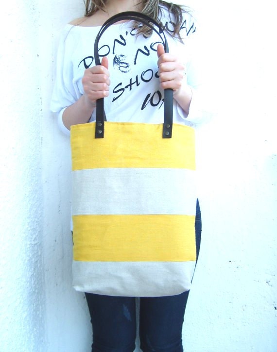 Yellow linen colorblock stripped tote bag with real leather