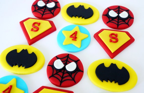 12 Edible Fondant Superhero Themed Cupcake Toppers Il_570xn