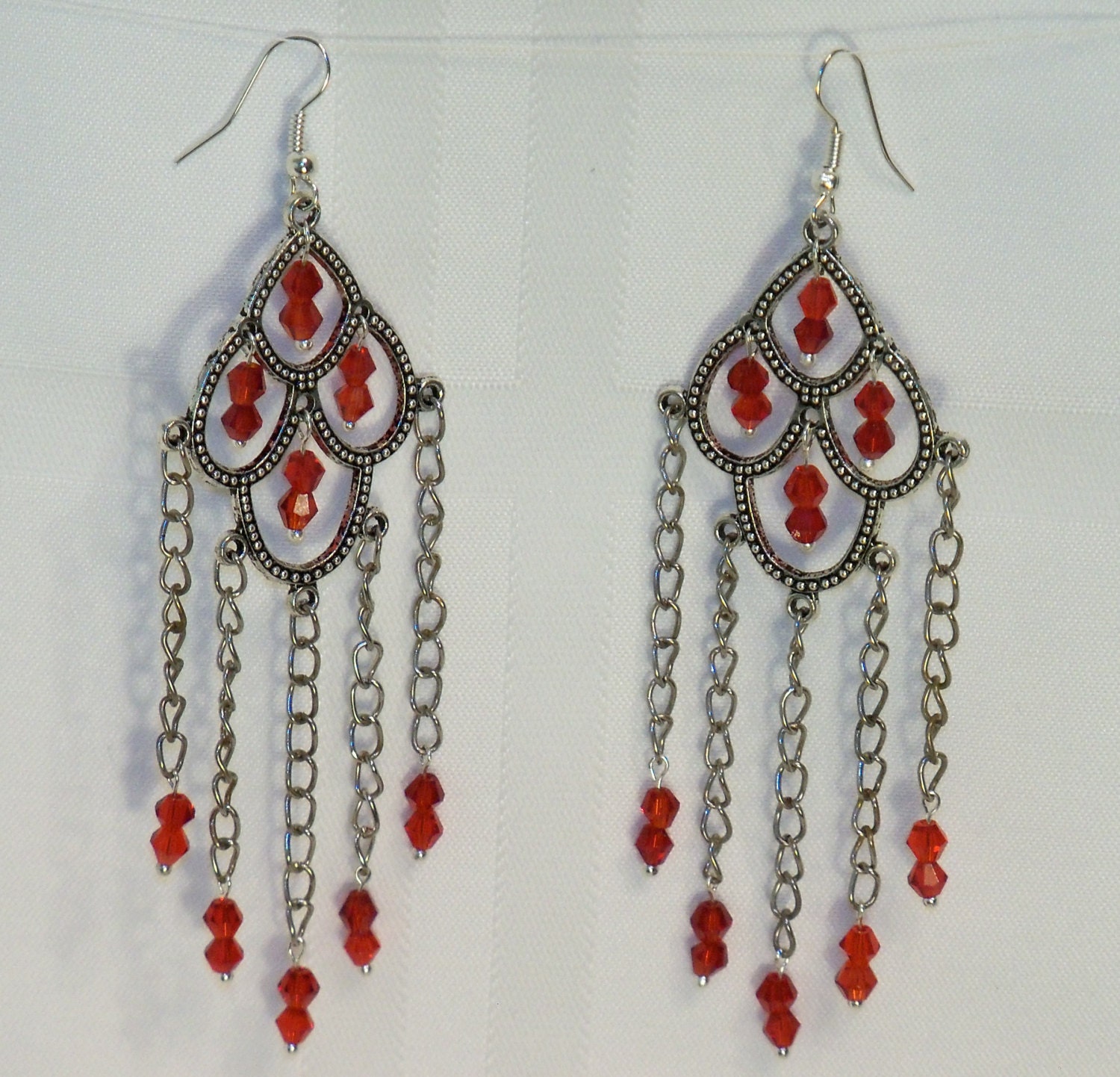 Extra Long Red Crystal Beaded Chandelier Earrings/ Red
