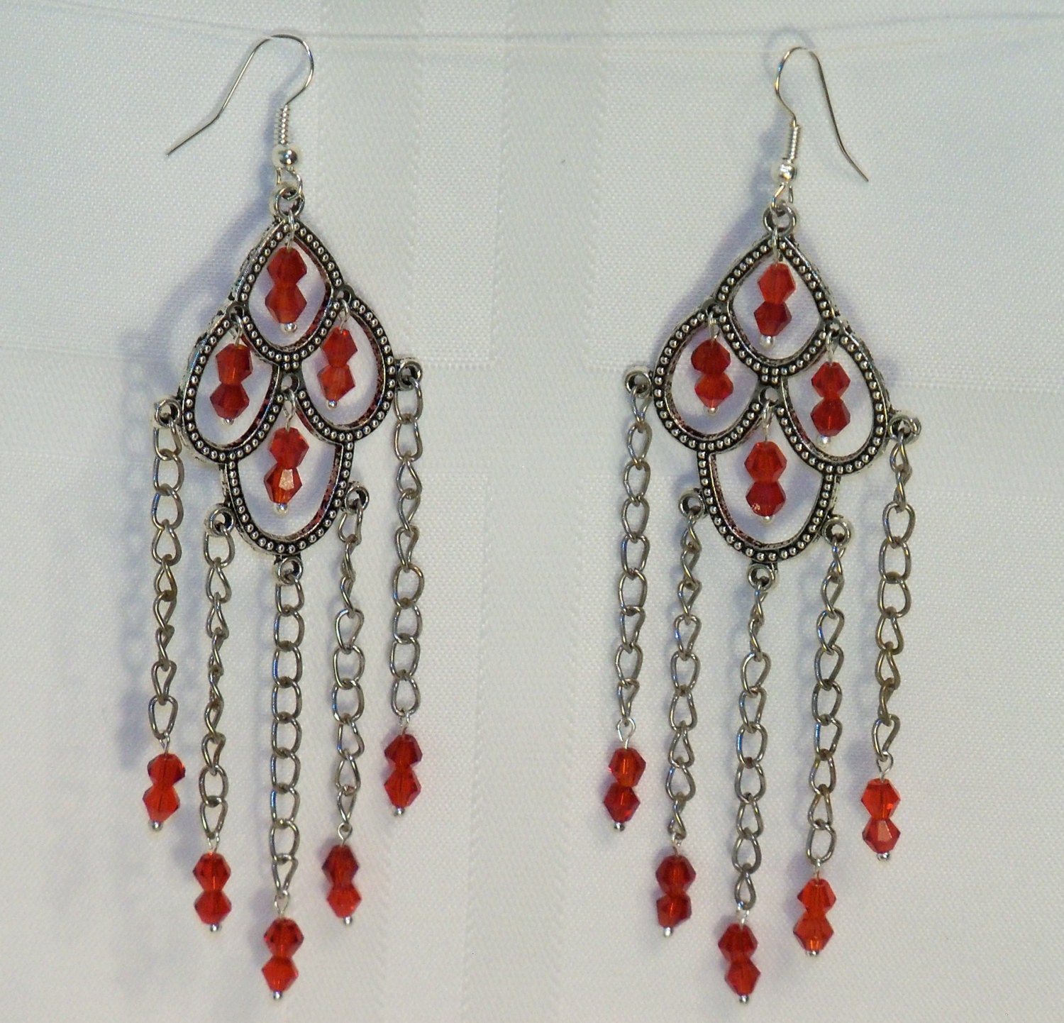 Extra Long Red Crystal Beaded Chandelier Earrings Red