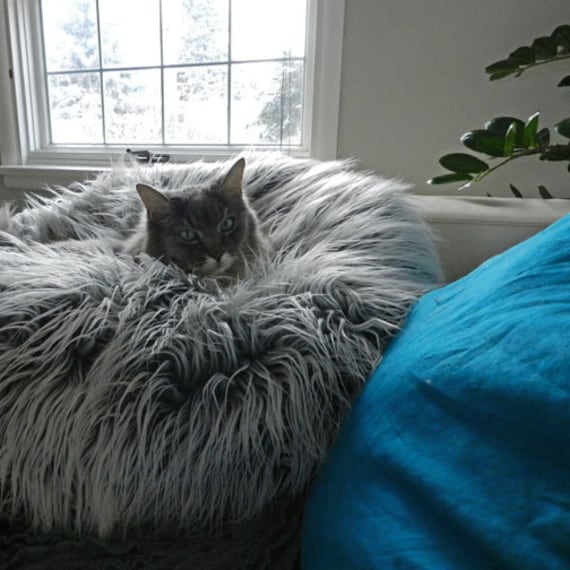 Faux Fur Pouf Pet BedFrosty Gray