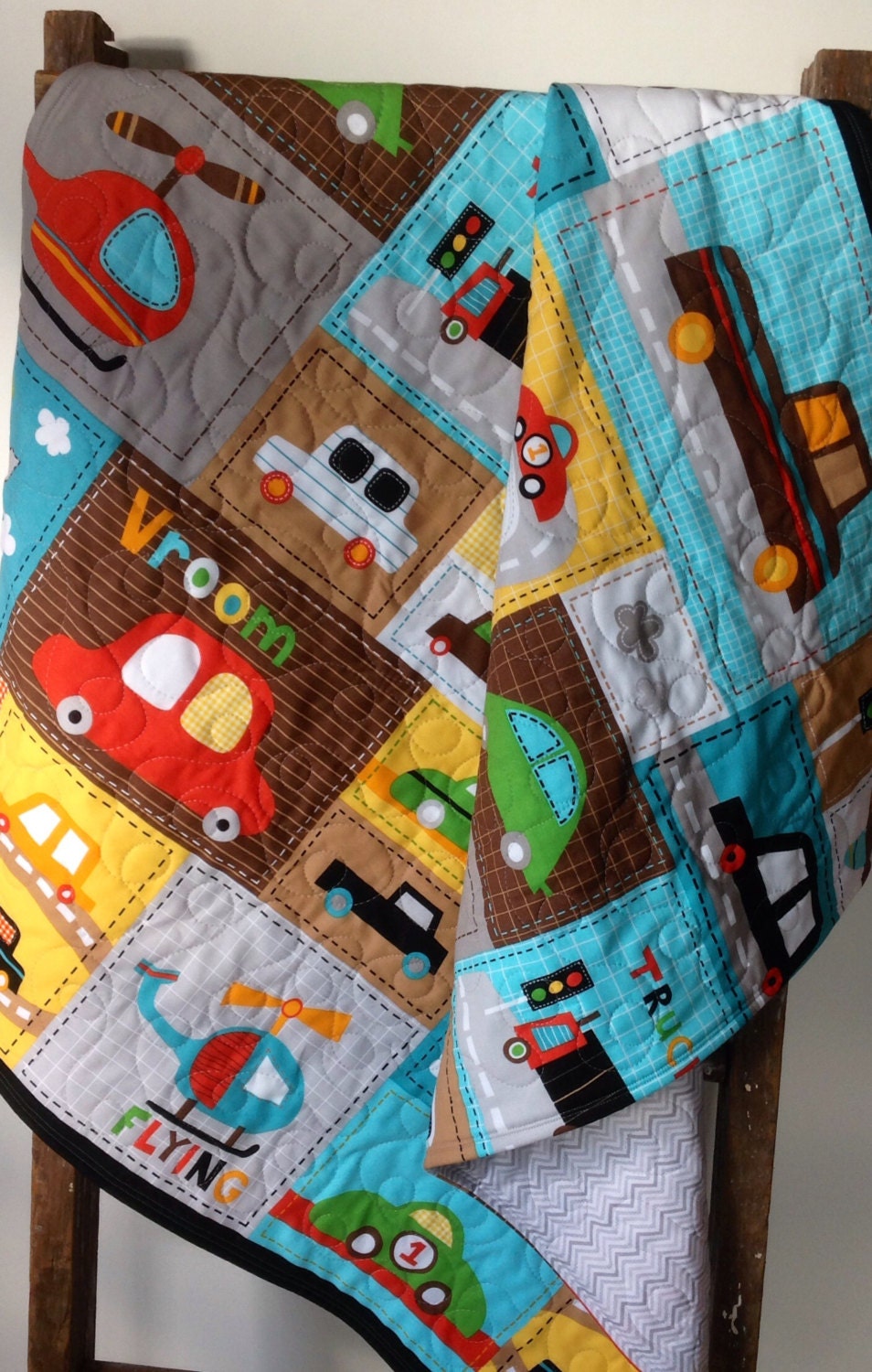 Baby Boy Quilt Vroom Vehicle Patchwork Panel Bright