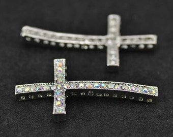 5pcs 22x47mm Silver Plated Colorful Rhinestone Sideways Cross Charms Connector