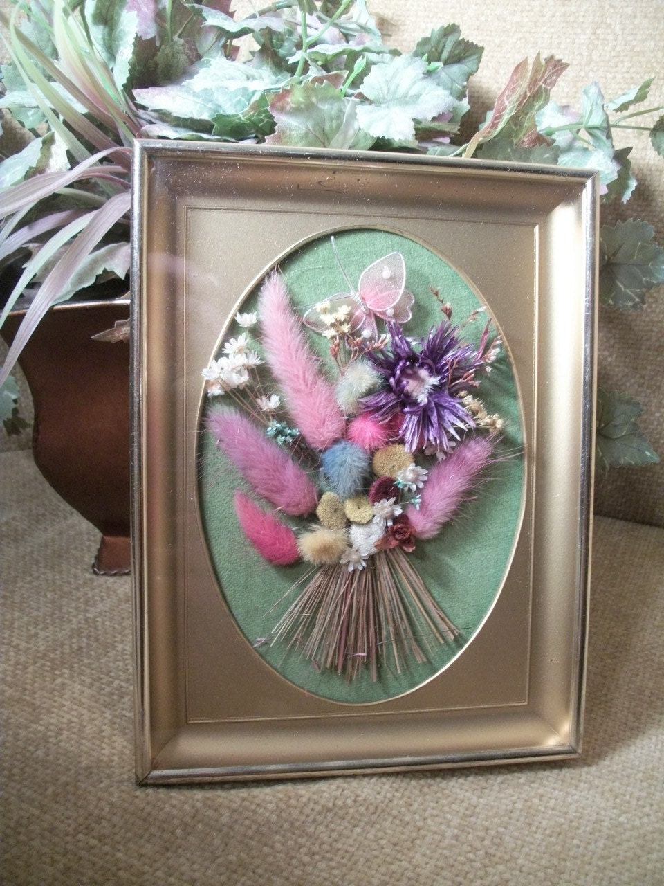 Dried Floral Framed Art Wall Hanging Country Straw Flowers and