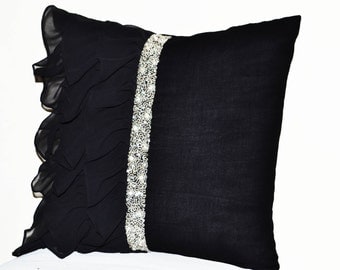 black ruffled sequin throw pillow 18x18 decorative pillow black cushion cover gift pillow - Black Decorative Pillows black ruffled sequin throw pillow 18x18 decorative pillow black cushion cover gift pillow - Black Decorative Pillows
