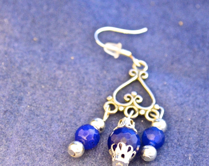 Natural Sapphire Bead Chandelier Earrings, Sterling Bali Chandelier and French Hooks E404