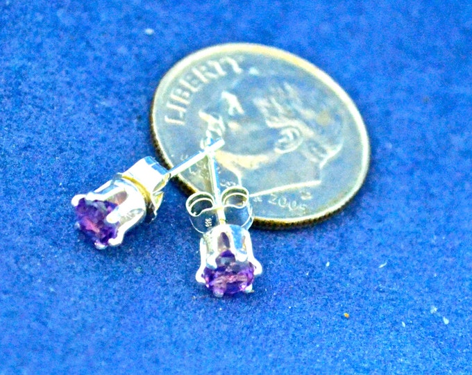 Amethyst Studs, Small 4 mm Round, Natural, Set in Sterling Silver E450