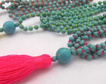 Bright Beaded Tassel Necklace - Aqua Beaded - Neon Brights
