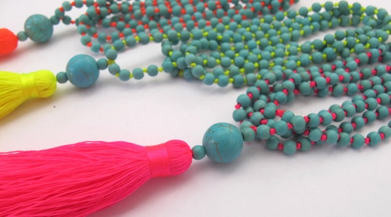 Bright Beaded Tassel Necklace - Aqua Beaded - Neon Brights