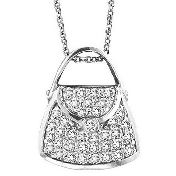Fine 0.75ct Pave Diamond Purse Bag Pendant Necklace 14k White