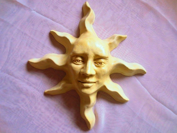 Healing Claybraven Sun Face Wall Art Garden Celestial Mask Sculpture Gift SFb