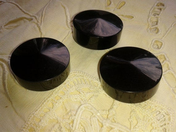 Art Deco Bakelite Buttons- Black- Vintage 1930's Buttons- Handmade-French- Thick and Large Buttons- Conical Buttons Set of 3 Buttons