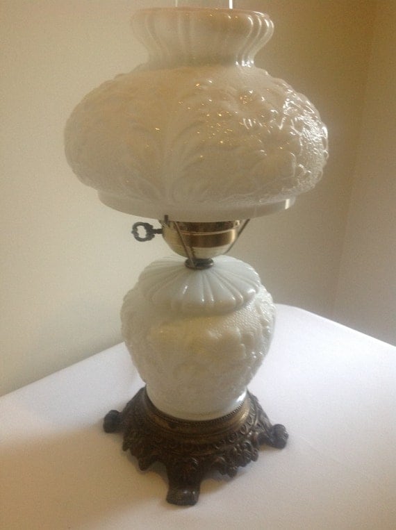 Vintage Milk Glass Flower Design Hurricane Table Lamp