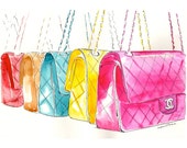 Colorful Chanel Flap Handbags - Watercolor Fashion illustration