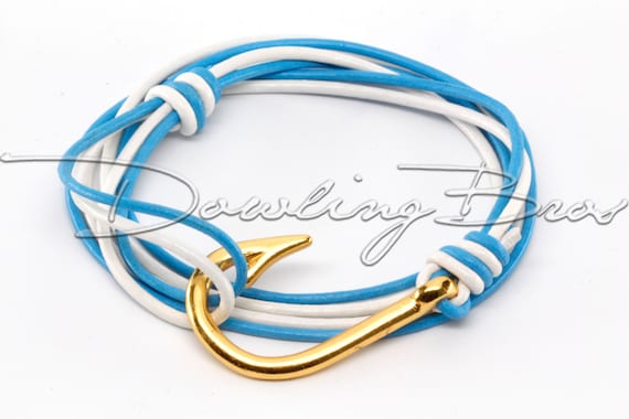 Gold Fish Hook Bracelet on White  Light Blue Leather Cord