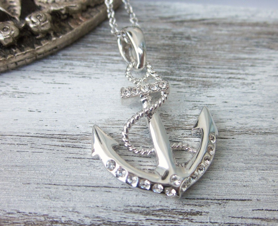 White Gold Anchor Necklace Nautical Jewelry Silver Anchor