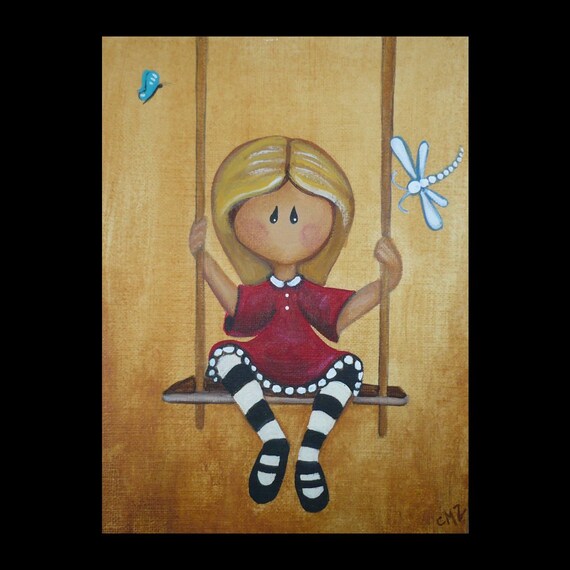 Items similar to Original Whimsical Cute Girl Folk Art Painting ...