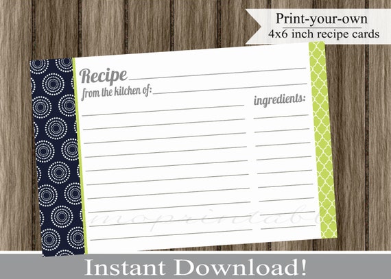 Printable Recipe Cards navy blue and lime green INSTANT DOWNLOAD digital Print Your Own, DIY, 4x6 inch, great for kitchen shower Il_570xn