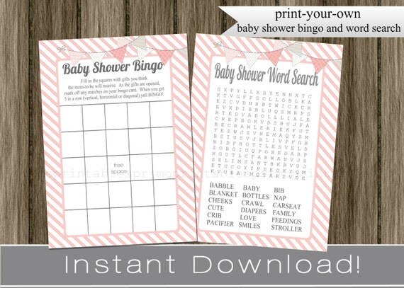Pink Baby Shower Games Bingo and Word Search Cards , INSTANT DOWNLOAD diy digital printable files, girl babyshower idea, stripes and bunting Il_570xn