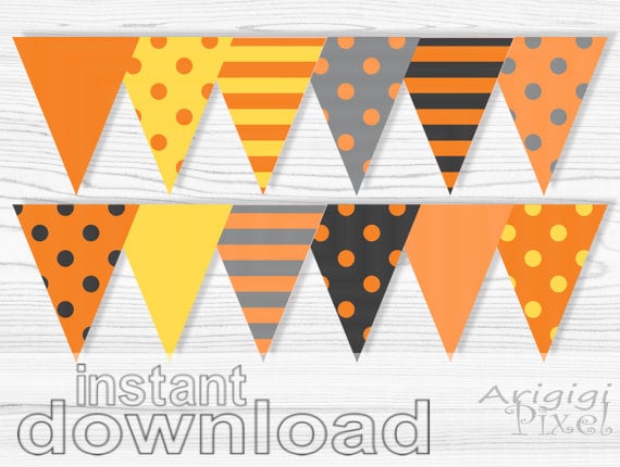 Halloween Printable Banner, Polka Dot Striped Pennant, Orange Gray 