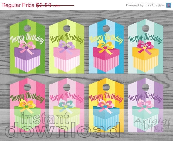 WEEKEND SALE 50% OFF Happy Birthday Colorful Gift Tags Printable Gift Wrap Label Spring Candy Colors Instant Download Il_570xn