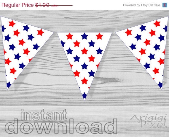 WEEKEND SALE 50 % OFF printable bunting banner, red stars, blue stars, patriotic, american holidays, party decoration, Independence Day, Jul Il_570xn